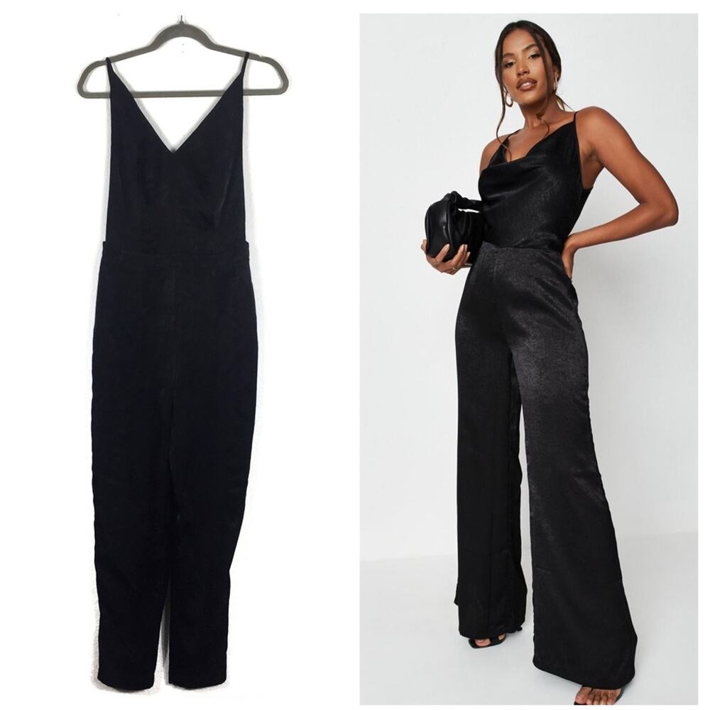 Nasty Gal Black Satin Open Back Surplice Cocktail Tapered Jumpsuit Small